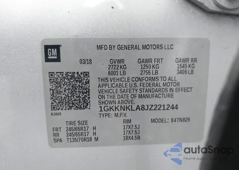 2018 GMC Acadia Sle-1 from USA, damaged, VIN 1GKKNKLA8JZ221244